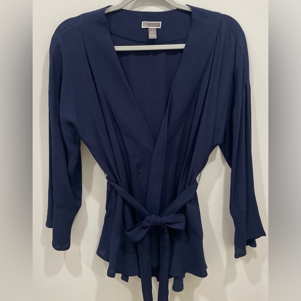 Chelsea 28 Top Size Small Navy Blue V-Neck Wrap Lightweight Kimono 100% Viscose